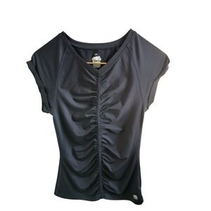 Roots Womens Black V Neck Ruched Front Short Sleeve Athletic Top Size S
